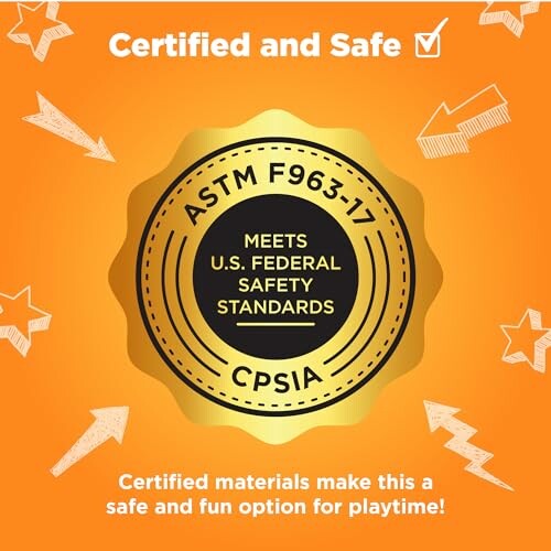 Certified and safe ASTM F963-17 CPSIA seal on orange background with stars.