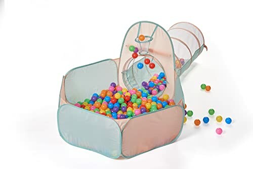 Children's play tent with colorful ball pit and tunnel.