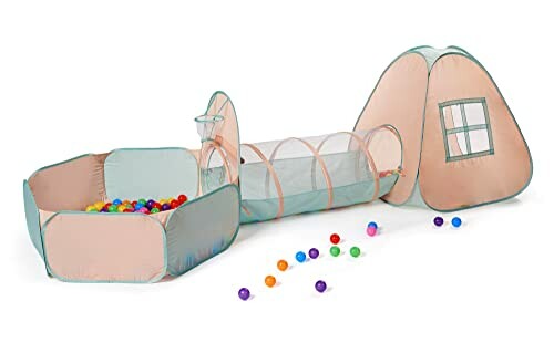 Children's play tent with tunnel and ball pit featuring colorful balls.