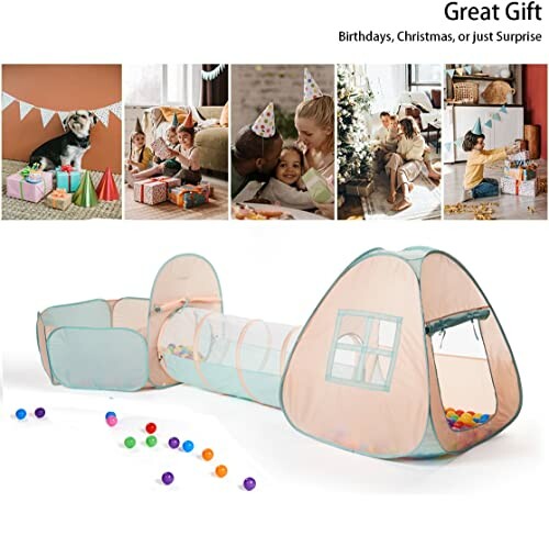 Children's play tunnel and tent set with colorful balls.