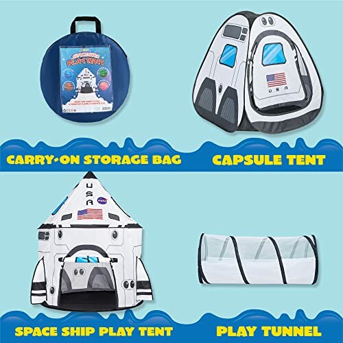 Children's space-themed play tent set with carry-on bag, capsule tent, spaceship play tent, and play tunnel.