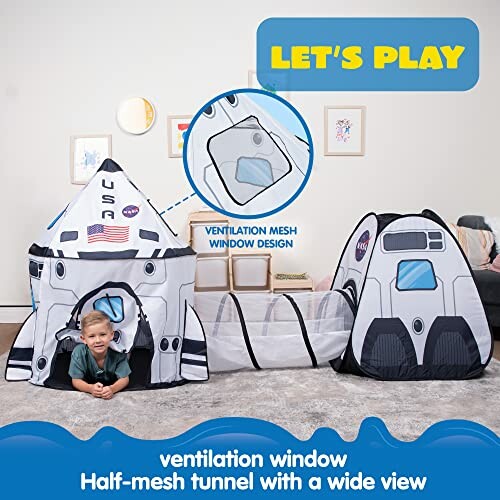 Child playing in a space-themed play tent with tunnel and ventilation window.