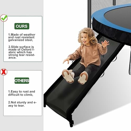 Child sliding on a trampoline slide with text comparing features.